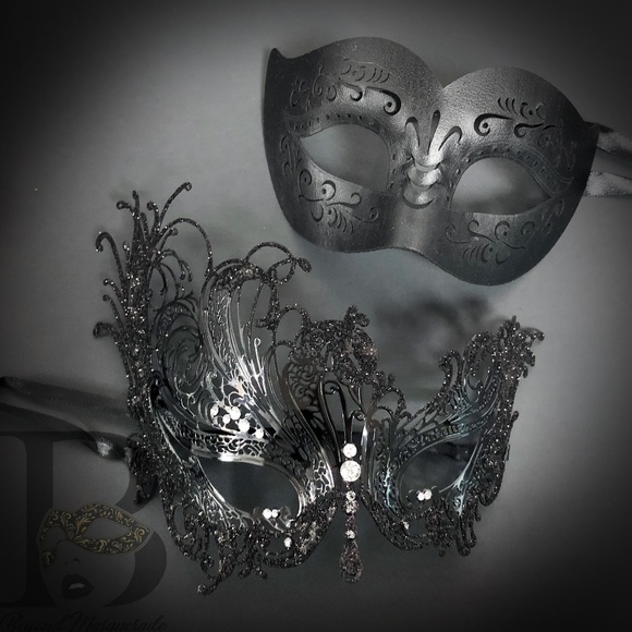 Black Masquerade Masks Couples Venetian Mardi Gras - Picture 1 of 1